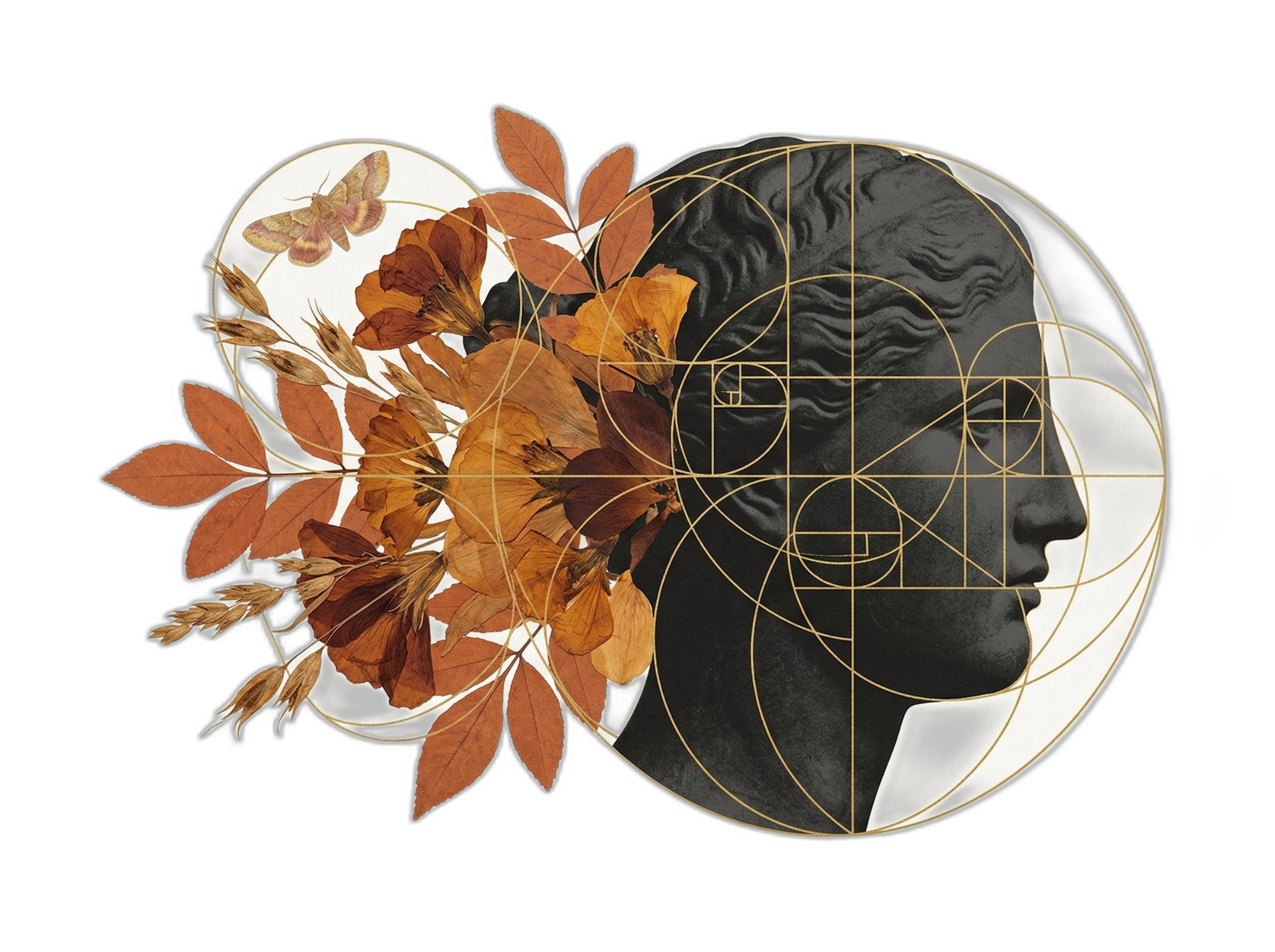 Classical profile with botanical elements and golden ratio geometry